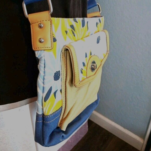 Franco Sarto Canvas Sunflower Floral Print Satchel Bag โ Blue Handles โ Medium - Picture 2 of 12